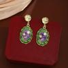 Pendientes vintage de estilo francés, creativos, artísticos, de estilo antiguo medio, con forma de aguja de plata y perlas de flores y gotas de aceite, de estilo retro, color verde y morado.