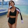 Traje de baño estilo japonés y coreano Multicolor en contraste Dividido Traje de baño para mujer Manga larga Encaje Espalda hermosa Conservador Moda Casual Traje de baño para aguas termales