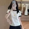 Camiseta de punto de manga corta con bloques de color estilo coreano y lazo para mujer, diseño de verano, top adelgazante y elegante para mujer 13340
