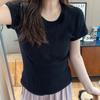 2024 Verano Nuevo Color Sólido Rayas de Canalé Grande Elástico Slim Manga Corta Cuello Redondo Verano Para Ir al Trabajo Camiseta de Mujer D899