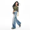 Jeans Americano Retro Lavado Flare com Design Bigode e Comprimento no Chão para Mulheres, Super Bem Proporcionado, Apresentando Padrão Yichun