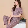 Pijama para madres de mediana edad y mayores, con estampado digital, pantalones de manga corta, tejido de algodón sintético, ropa de casa, conjunto de cárdigan con botones florales
