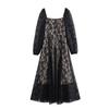 Venta al por mayor 2024 verano nuevo estilo europeo y americano vestido negro retro de encaje en la cintura de manga larga para mujer