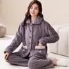Pijama de Franela Cálido de Manga Larga para Mujer para Invierno, Cárdigans Gruesos de Talla Grande para Otoño e Invierno, Cómodos Conjuntos Casuales para Casa