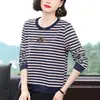 Nova Camiseta Listrada de Manga Longa da Moda de Outono da Mamãe para Mulheres, Camisa Básica Elegante com Strass de Caimento Solto para Meia-Idade e Idosos