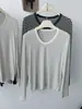 Camiseta Básica de Tricô Listrada com Gola U em Lyocell Tencel Acetato Lã de Ovelha, Manga Longa Outono/Inverno, Em Estoque