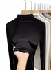 Top base de canalé de cuello alto medio para mujer, nuevo otoño/invierno 2026, corte ajustado, adelgazante, se puede usar como capa interior o exterior, top negro de manga larga