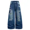 Calça Jeans Rasgada Resistente Estilo Retrô Americano para Homens, Estilo Punk High Street, Lavagem Desgastada, Perna Larga, Comprimento no Chão, Calça Moderna de Corte Solto