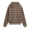 Sudadera con capucha de punto casual de exportación estilo coreano 2025, empalme a rayas, cárdigan de punto de color de contraste, chaqueta retro versátil