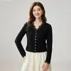 Cardigan de Punto de Cachemira con Parches de Encaje de Cuello V Clásico Estilo Francés Suave Ropa Exterior Holgada para Mujer Nuevo en Otoño/Invierno