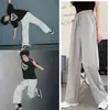 Pantalones Deportivos Grises para Mujer Primavera y Otoño Nuevos Sueltos Verticales de Cintura Alta Rectos Casuales con Pantalones de Pierna Ancha Rasgados