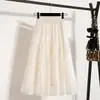 Saia Plissada de Tencel para Mulheres, Verão Plus Size, Emagrecedora, Esconde a Barriga, Cintura Alta, Modelo A, Branca, Longa em Camadas