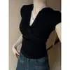Camiseta Francesa Chic de Nicho con Cuello en V y Mangas Cortas para Mujer Verano Nuevo Diseño con Sentido Ajustada Ceñida a la Cintura Top Corto