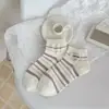 Calcetines de Rayas para Mujer, Calcetines de Media Pantorrilla, Estilo Primavera y Verano, Calcetines Finos de Algodón, Malla Transpirable, Estilo Coreano, Etiqueta de Tela, Calcetines Cortos de Moda