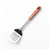 Espátula gruesa de acero inoxidable con mango largo, mango de madera para el hogar, espátula de cocina anti-quemaduras, espumadera, cuchara sopera, juego de espátulas para freír