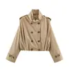 Fábrica de Origen Transfronteriza Gabardina Corta con Cuello Alto para Mujer Estilo Retro Casual Doble Botonadura Hombreras Manga Larga Cordón Elástico Fruncido Chaqueta