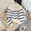 Tejido de punto de alta calidad estilo coreano y occidental, holgado, rejuvenecedor, con cremallera, cuello alto, a rayas, tejido suave y ceroso para mujer, raya azul, talla única