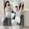 Conjunto de Verano para Niñas 2026 Nuevo Elegante Delgado de Manga Corta Ropa de Verano para Niños, Conjunto de Tres Piezas de Pantalones Anchos de Verano para Niños Mayores
