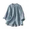 Camisa de manga corta de algodón y lino estilo minimalista elegante y artístico para mujer, nuevo modelo de verano 2026, cárdigan estilo chino con cuello mao, top de corte holgado