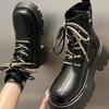 Botas de Solado Grosso Estilo Britânico para Mulheres 2025 Outono e Inverno Novas Versáteis Cadarços Duplos Forradas com Lã Motocicleta Retrô Cano Curto Forradas