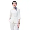 Conjunto de Terno Profissional Azul Marinho com Manga Três Quartos para Mulheres, Novo Verão de Alta Qualidade, Roupa de Trabalho para Gerente de Salão de Beleza, Recepção de Hotel