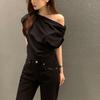 Corea del Sur Top Chic Verano Nuevo Nicho Irregular Hombro Caído Sentido del Diseño Holgado Color Sólido Jersey Camiseta de Manga Corta