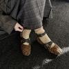 Estilo Doce Cool Estampa de Leopardo Tira com Rebite de Furo Redondo Sapatos Mary Jane de Pele de Ovelha 2025 Primavera Planos Bico Quadrado Couro Genuíno Camada Única Sapatos para Mulheres