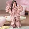 Pijama de lã coral de inverno para meninas, novo estilo outono, gola alta, conjunto de loungewear com zíper para estudantes do ensino fundamental e crianças