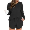 Conjunto de Pijama de Punto Waffle para Mujer Top de Manga Larga y Shorts a Juego Traje Casual Se Puede Usar Afuera Ropa de Casa