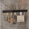 Estante de almacenamiento de cocina ligero, de lujo, en negro y dorado, montado en la pared, sin perforaciones, para condimentos, palillos, suministros, tapas de ollas, soporte para cuchillos.