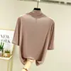 Camiseta básica de algodão com gola alta discreta para mulheres, camiseta de manga de três quartos, fina, slim fit, plus size, versátil, de manga média, para primavera e outono