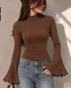 Camiseta de Manga Acampanada de Color Sólido de Cuello Alto para Mujer Otoño 2026, Top Delgado de Manga Larga, Capa Base