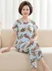 26 Novos Estilos Primavera/Verão Pijamas para Mulheres de Meia-Idade e Idosas, Pijamas de Algodão e Seda, Conjunto de Homewear Feminino com Manga Curta de Algodão Artificial