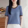 Camiseta de mujer azul de cuello redondo, manga corta iridiscente, 2026 nueva moda, elegante, holgada, versátil, top de camiseta de punto para verano