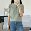 Nuevo estilo de verano, algodón puro, manga corta, tejido de seis botones, retro, trenzado, medio abierto, cuello redondo, suéter, top simple y fino para mujer