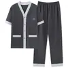 2025 Nuevo Conjunto de Dos Piezas de Algodón para Hombre, Manga Corta, Pantalón Largo, Cárdigan, Talla Grande, Ropa de Casa