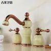 Torneira de cobre estilo europeu com jade natural de três furos para água quente e fria, bacia de mármore dividida, torneira Dourada Rosa