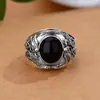 Joyería Única de Diseñador, Anillo de Moda Estilo Retro, Anillo Grueso Color Dorado para Hombre, Anillo Abierto de Dragón Negro de Plata Tailandesa