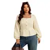 Blusa francesa cuadrada de talla grande europea y americana para mujer con botones metálicos de una fila, dobladillo con volantes, entallada a la cintura, mangas largas abullonadas y corte corto.