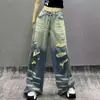Jeans Americano Retro Lavado Rasgado Feminino Primavera Outono High Street Solto Perna Reta Calças Emagrecedoras Versátil Calças Compridas