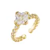 Anillo Abierto de Flor de Cuatro Hojas Brillante de Gama Alta Aleación de Cobre Chapado en Oro Real Circonita Anillo Ajustable para Dedo Índice