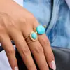 Anel de Aço Titânio Wanxing Europeu e Americano Transfronteiriço com Incrustação de Turquesa Azul, Joia de Aço Inoxidável Dourado 18K, Não Desbota, Design Estiloso