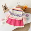 Vestido Suéter Infantil Jacquard Prismático Tricotado Conjunto de Duas Peças Feminino Outono e Inverno Novo Estilo Coreano Estilo Ocidental Vestido Suéter Gola Redonda