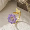 Anillo de Flor Tridimensional de Rotación Libre para Mujer, Anillo Abierto Metálico de Cobre de Moda con Circonita, Lindo Diseño de Mariquita y Mariposa