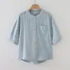Camisa Feminina de Manga Curta com Gola Alta Lisa de Gaze Dupla Estilo Japonês Verão 2026 Bolso Top de Algodão Amigo da Pele