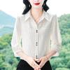Atuendo de Verano para Mamá de Mediana Edad: Camisa de cuello con rayas verticales y manga de tres cuartos para mujer, Blusa de punto sin botones con manga a la mitad, Top de gasa rejuvenecedor