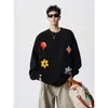 Moletom Pesado com Gola Redonda e Bordado Floral Estilo Americano para Homens, Marca Tendência, Primavera e Outono, Casual Solto Estilo High Street, Top Preto Cool