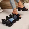 Chanclas de Tacón Alto de Comercio Exterior de Verano para Mujer, Estilo Temperamento de Mezclilla 2025 Nuevo Estilo Talla Grande Tacón Grueso Chanclas wish43