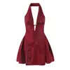 Comercio Exterior Al Por Mayor Primavera Nuevo Estilo Francés Retro Estilo Puro Deseo Sexy Espalda Descubierta Cuello en V Plisado Vestido Halter