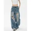 Jeans Vintage de Pierna Ancha Adelgazantes para Mujer con Graffiti Lavado Retro Americano y Pintado a Mano